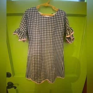 Navy & white gingham dress with pink Rick Rac  detail.
